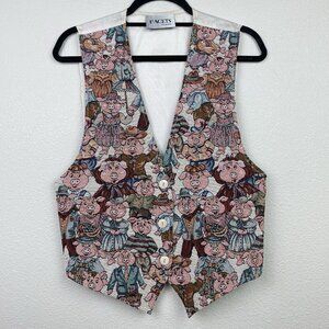 Vtg Facets By Mirrors Men's Medium Pig Print Tapestry Vest Quirky Piggy Button